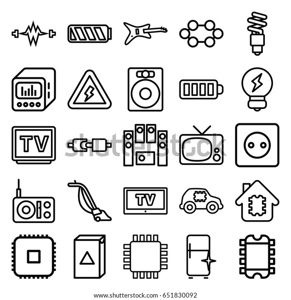 Electrical icons set. set of 25 electrical\
outline icons such as plug socket, washing machine, vacuum cleaner,\
clean fridge, tv, baterry, loud speaker\
set