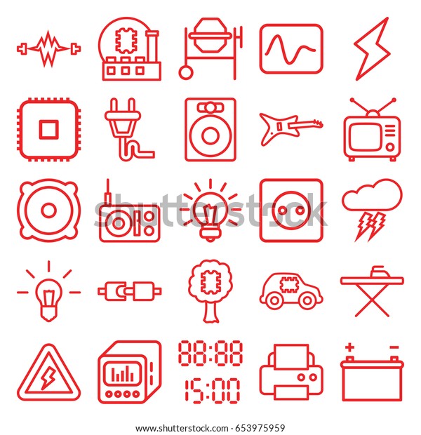 Electrical icons set. set of 25\
electrical outline icons such as plug socket, ironing table,\
printer, concrete mixer, tv, speaker, loud speaker with equalizer,\
plug