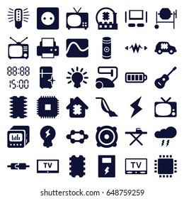 Electrical icons set. set of 36 electrical filled icons such as plug socket, vacuum cleaner, ironing table, clean fridge, printer, concrete mixer, tv 
