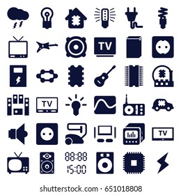 Electrical icons set. set of 36 electrical filled icons such as plug socket, vacuum cleaner, washing machine, bulb, radio, tv, speaker, loudspeaker, guitar