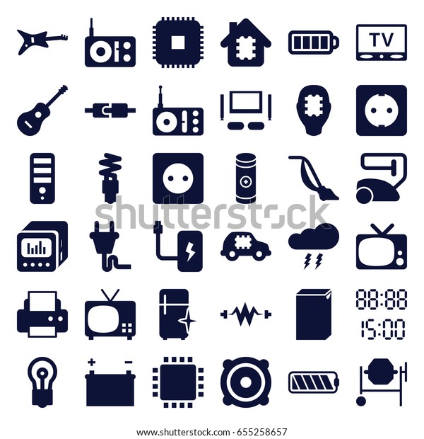 Electrical icons set. set\
of 36 electrical filled icons such as plug socket, vacuum cleaner,\
washing machine, clean fridge, cpu, bulb, printer, concrete mixer,\
radio, baterry