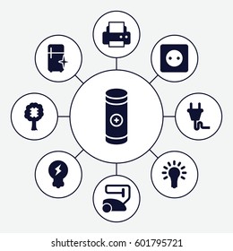 electrical icons set. Set of 9 electrical filled icons such as plug socket, vacuum cleaner, clean fridge, printer, battery, plug, light bulb, bulb