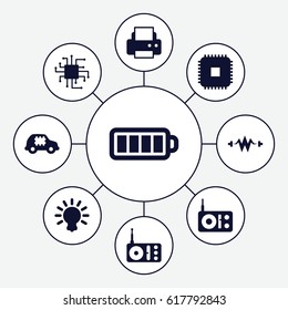Electrical icons set. set of 9 electrical filled icons such as printer, radio, baterry, bulb, CPU in car