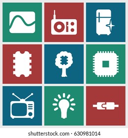 Electrical icons set. set of 9 electrical filled icons such as clean fridge, tv, light bulb, radio, cpu, cpu in tree, electricity