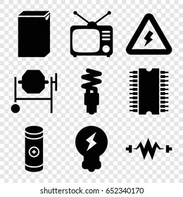 Electrical icons set. set of 9 electrical filled icons such as washing machine, concrete mixer, tv, battery, fluorescent lamp, voltage warning, bulb, cpu