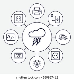 electrical icons set. Set of 9 electrical outline icons such as plug socket, printer, bulb, thunderstorm, battery, TV, CPU in car