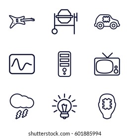 electrical icons set. Set of 9 electrical outline icons such as CPU, concrete mixer, thunderstorm, bulb, CPU in car, CPU in head, electricity, guitar