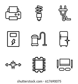 Electrical icons set. set of 9 electrical outline icons such as vacuum cleaner, clean fridge, printer, plug, fluorescent lamp, TV set, battery, CPU