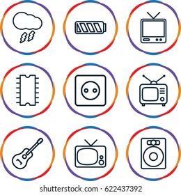Electrical icons set. set of 9 electrical outline icons such as plug socket, Tv, TV, guitar, cpu, thunderstorm, battery