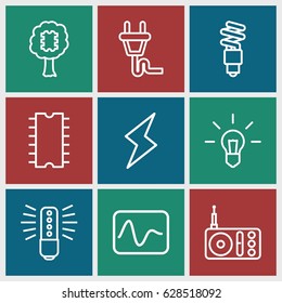 Electrical icons set. set of 9 electrical outline icons such as radio, cpu, plug, fluorescent lamp, flash, bulb, CPU in tree