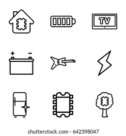 Electrical icons set. set of 9 electrical outline icons such as clean fridge, baterry, battery, flash, tv, cpu in house, cpu in tree, cpu