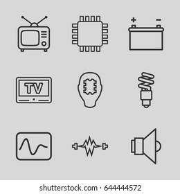 Electrical icons set. set of 9 electrical outline icons such as tv, tv, fluorescent lamp, lamp, battery, cpu, cpu in head