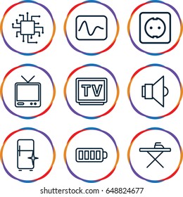 Electrical icons set. set of 9 electrical outline icons such as ironing table, clean fridge, tv, baterry, plug socket, lamp, cpu