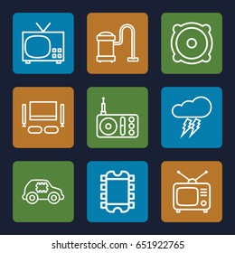 Electrical icons set. set of 9 electrical outline icons such as vacuum cleaner, radio, tv, speaker, tv set, thunderstorm, cpu in car, cpu