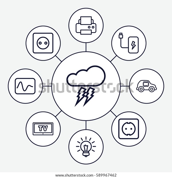 electrical icons set. Set of 9 electrical outline\
icons such as plug socket, printer, bulb, thunderstorm, battery,\
TV, CPU in car