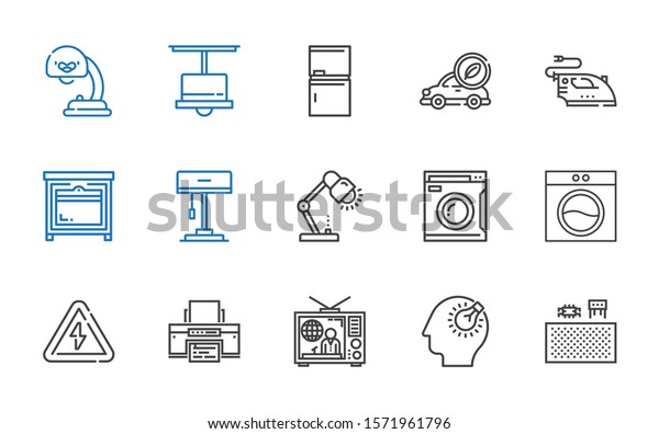electrical\
icons set. Collection of electrical with components, bulb,\
television, printer, high voltage, washing machine, lamp, oven,\
iron. Editable and scalable electrical\
icons.