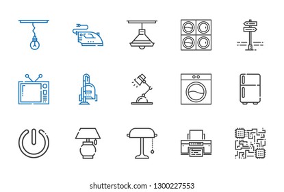 electrical icons set. Collection of electrical with cpu, printer, desk lamp, lamp, power, fridge, washing machine, vacuum cleaner, television. Editable and scalable electrical icons.