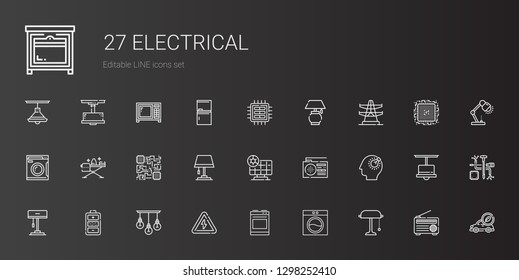 electrical icons set. Collection of electrical with desk lamp, washing machine, oven, high voltage, lamp, battery, bulb, radio, solar panel. Editable and scalable electrical icons.