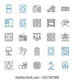 electrical icons set. Collection of electrical with diode, desk lamp, cpu, radio, washing machine, battery, earphones, lamp, electric tower. Editable and scalable electrical icons.