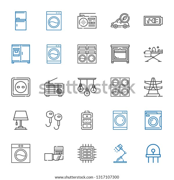 electrical icons\
set. Collection of electrical with diode, desk lamp, cpu, radio,\
washing machine, battery, earphones, lamp, electric tower. Editable\
and scalable electrical\
icons.