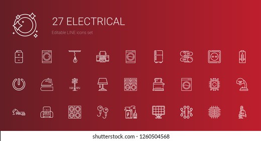 electrical icons set. Collection of electrical with electronic, solar panel, battery, earphones, washing machine, printer, earphone, toaster. Editable and scalable electrical icons.