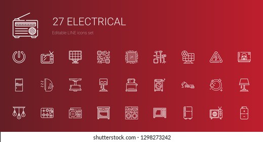electrical icons set. Collection of electrical with fridge, microwave, washing machine, oven, radio, components, lamp, earphone, toaster. Editable and scalable electrical icons.