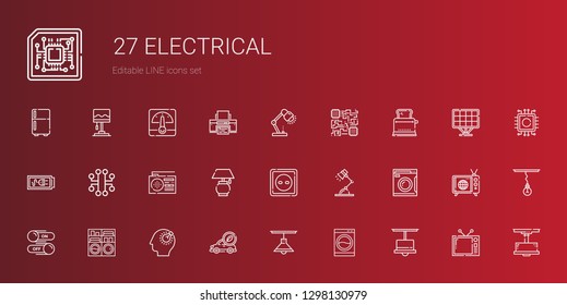 electrical icons set. Collection of electrical with lamp, washing machine, electric car, bulb, switch, desk lamp, socket, radio, electronic. Editable and scalable electrical icons.