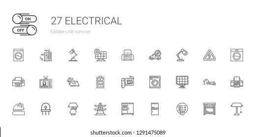 electrical icons set. Collection of electrical with light bulb, fridge, electric tower, lamp, diode, iron, solar panel, washing machine. Editable and scalable electrical icons.