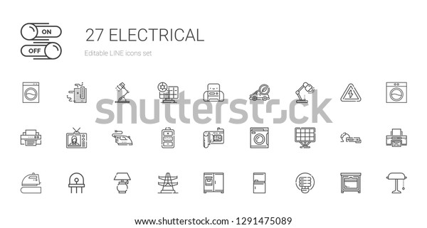electrical icons\
set. Collection of electrical with light bulb, fridge, electric\
tower, lamp, diode, iron, solar panel, washing machine. Editable\
and scalable electrical\
icons.