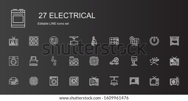 electrical icons set. Collection of electrical\
with microwave, lamp, television, cpu, washing machine, printer,\
electric car, flash, toaster. Editable and scalable electrical\
icons.