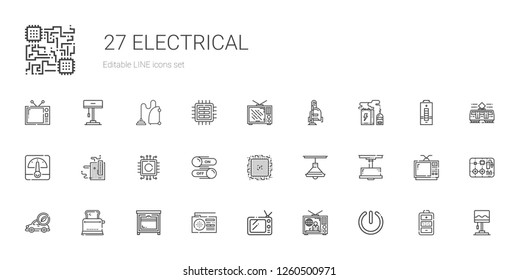 electrical icons set. Collection of electrical with power, television, tv, radio, oven, toaster, electric car, lamp, cpu, switch, motherboard. Editable and scalable electrical icons.