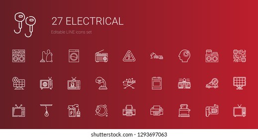 electrical icons set. Collection of electrical with toaster, printer, dishwashing, battery, lamp, television, tram, oven, ironing, tv. Editable and scalable electrical icons.
