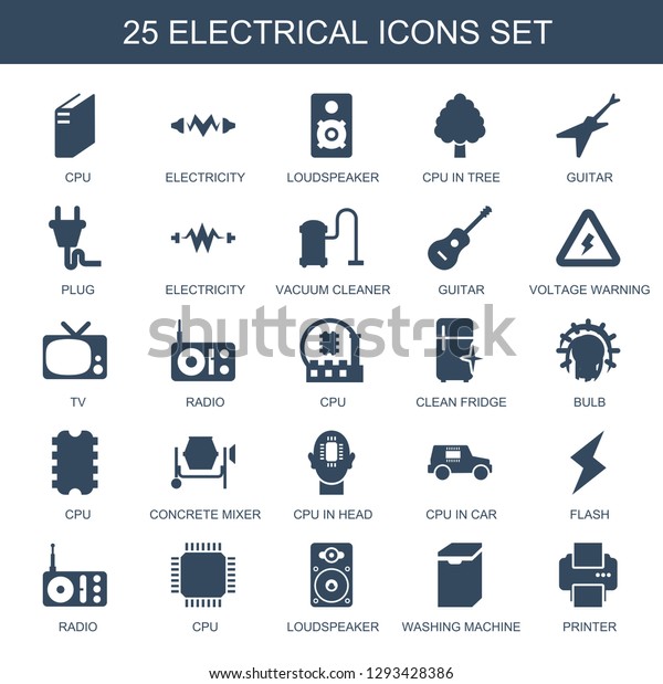 electrical\
icons. Trendy 25 electrical icons. Contain icons such as CPU,\
electricity, loudspeaker, CPU in tree, guitar, plug, vacuum\
cleaner. electrical icon for web and\
mobile.