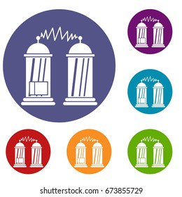Electrical impulses icons set in flat circle reb, blue and green color for web