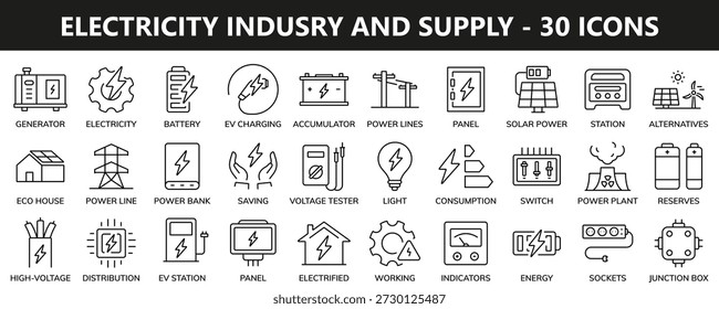 Electrical industry and power supply - vector editable line icons set.
