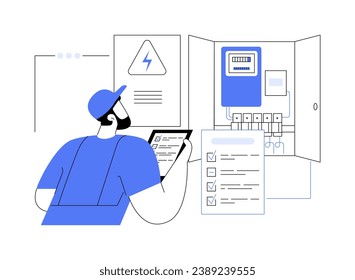 Abstraktes Konzept der elektrischen Inspektion, Vektorgrafik. Bauinspekteur, der elektrische Systeme und Komponenten überprüft, professionelle kommerzielle Bausteuerung abstrakte Metapher.