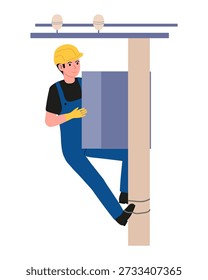 Electrical installation. Electrician in special clothes climbs onto electric pole with high-voltage wires to work in switchboard