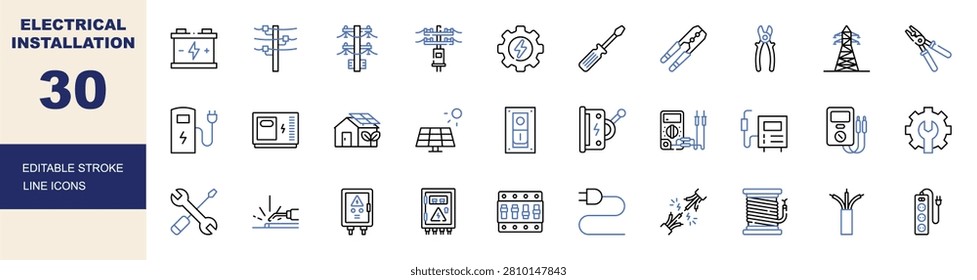 Electrical installation icon set. Editable line icons power lines, solar panel, circuit breaker, multimeter, electric vehicle charger vector illustration