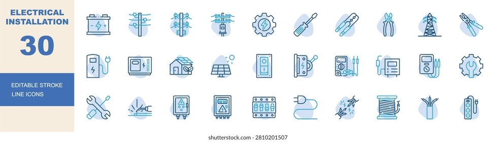 Electrical installation icon set. Editable line icons power lines, solar panel, circuit breaker, multimeter vector illustration
