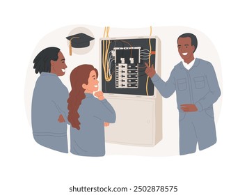 Electrical installation and maintenance isolated cartoon vector illustrations. Technical college students doing electrical installation with teacher, professional technician help vector cartoon.