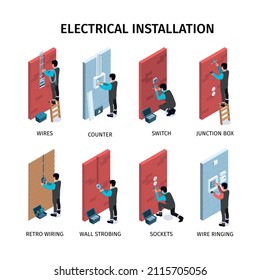 Electrical installation set of wires counter switch sockets junction box wire ringing isometric compositions isolated vector illustration 