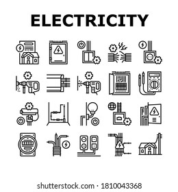 Electrical Installation Tool Icons Set Vector. Socket And Substation Automation Box Installation, Wall Chipping And Drilling For Wiring Black Contour Illustrations