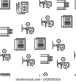 Herramienta de instalación eléctrica Iconos Set Vector. Instalación De Caja De Automatización De Socket Y Substation, Chipping De Paredes Y Perforación Para Ilustraciones De Contornos Negros Con Cableado