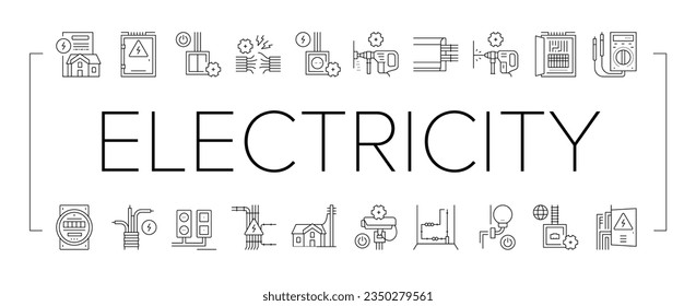 Electrical Installation Tool Icons Set Vector. Socket And Substation Automation Box Installation, Wall Chipping And Drilling For Wiring Black Contour Illustrations