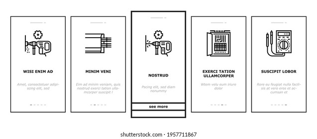 Electrical Installation Tool Onboarding Mobile App Page Screen Vector. Socket And Substation Automation Box Installation, Wall Chipping And Drilling For Wiring Illustrations