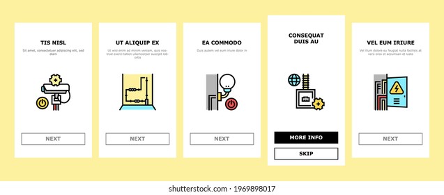 Electrical Installation Tool Onboarding Mobile App Page Screen Vector. Socket And Substation Automation Box Installation, Wall Chipping And Drilling For Wiring Illustrations