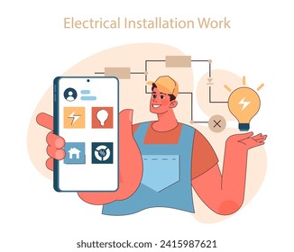 Concepto de instalación eléctrica. Electricista con dispositivo inteligente que exhibe servicios eléctricos modernos y soluciones de iluminación. Ilustración vectorial plana