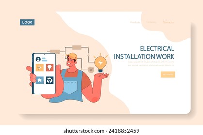 Electrical Installation Work concept. Electrician with smart device showcasing modern electrical services and lighting solutions. Flat vector illustration