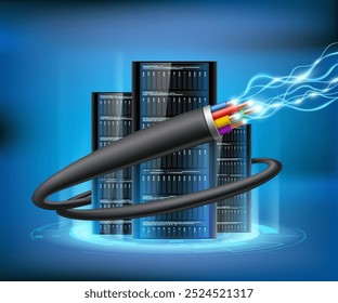 Fios elétricos ou de internet ou cabos em torno de servidores de computador. ilustração vetorial