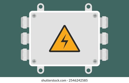 Caja de conexiones eléctrica con bridas de montaje y señal de advertencia de alto voltaje. Ilustración vectorial